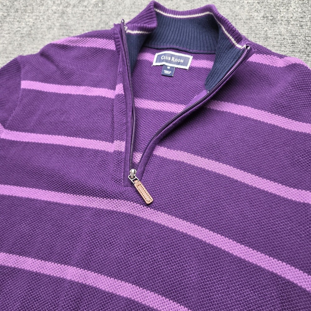 Club Room Mens Medium Purple Striped Quarter Zip Cotton Knit Sweater Pullover‎